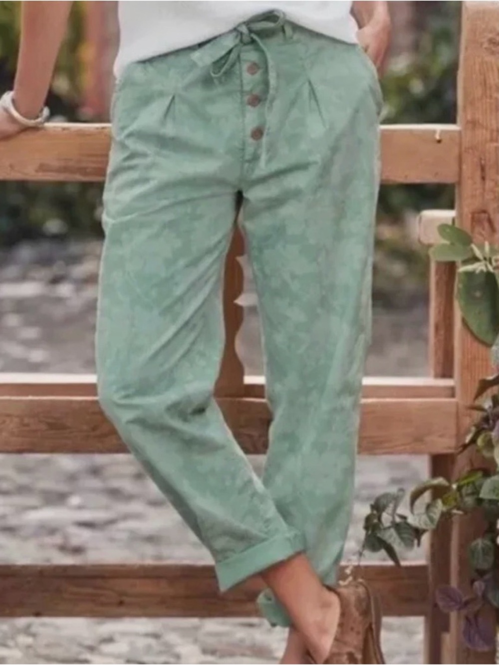 SUNDANCE Floral Print Drawstring Button Fly Pants in Sage Green Size 12